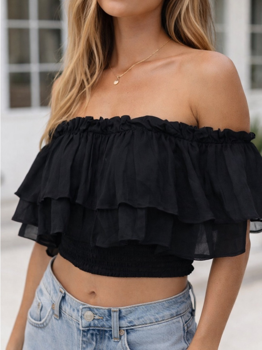 Steele Mila Crop Top Black Ruffle Off Shoulder Smocked Size S
